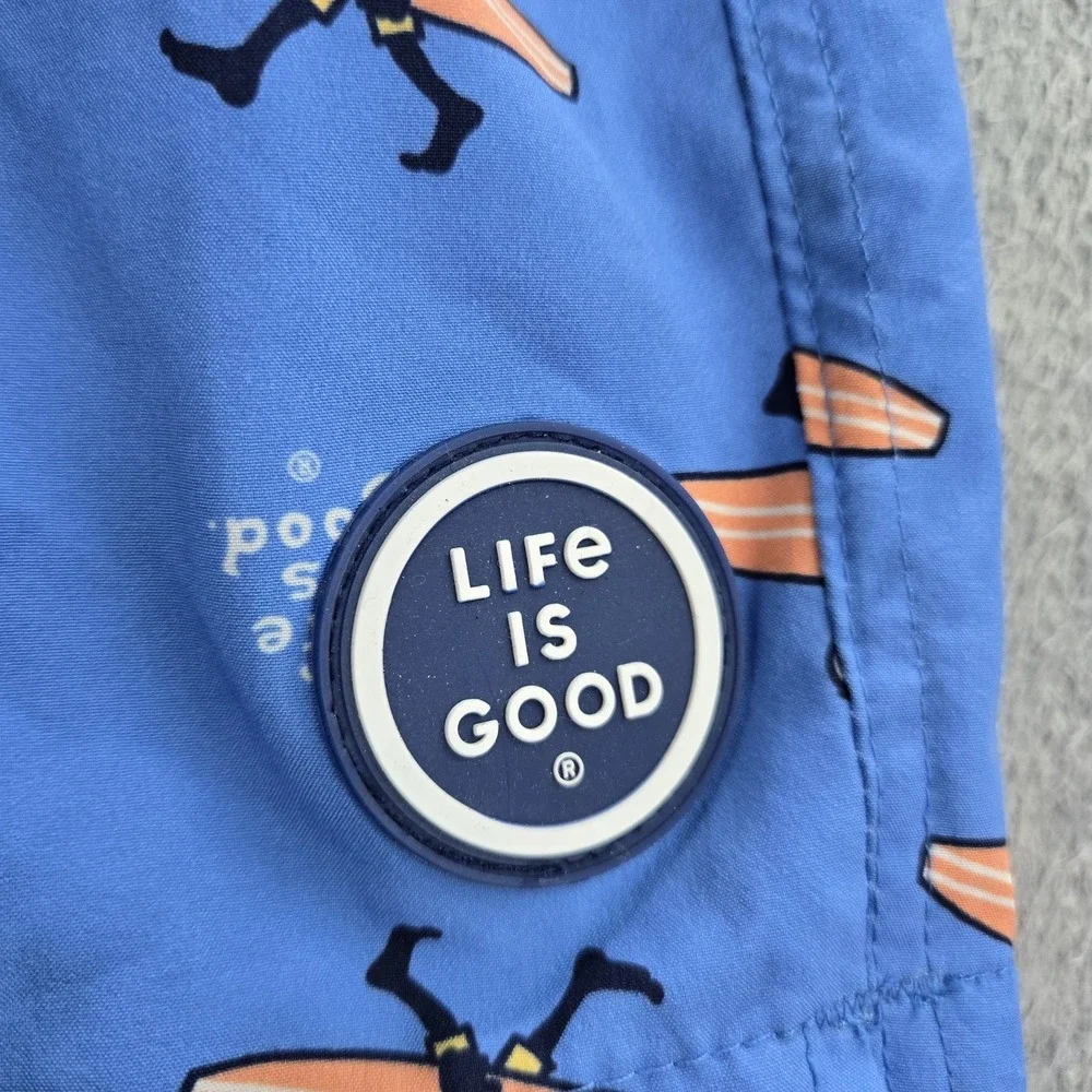 Life Is Good Men Swimwear M Blue Orange Swim Trunks Graphic Print Drawstring‎
